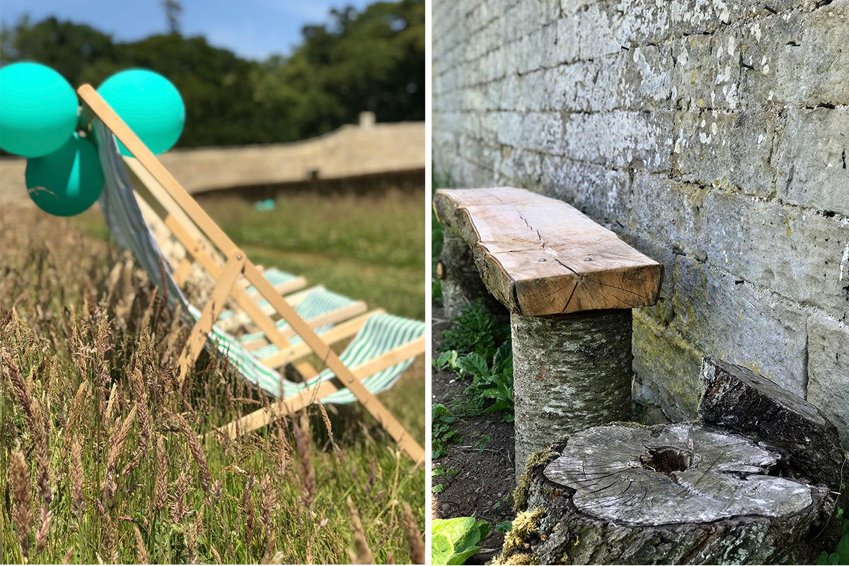 dog_park_seating_green_striped_deckcahirs_cherry_tree_bench