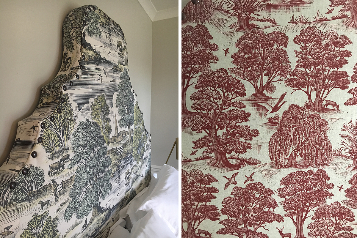 Milne Graden brand artist Andrew Davidson's fabric on headboards in holiday cottages