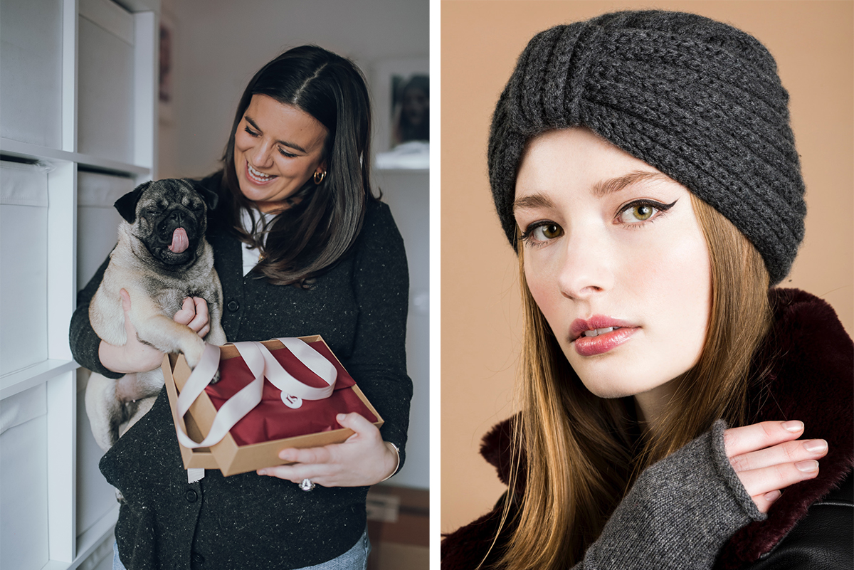 Milne-Graden-Press-Rosie-Sugden-Cashmere-Rosie-with-plastic-free_Packaging-pug-dog-alongside-grey-Turban