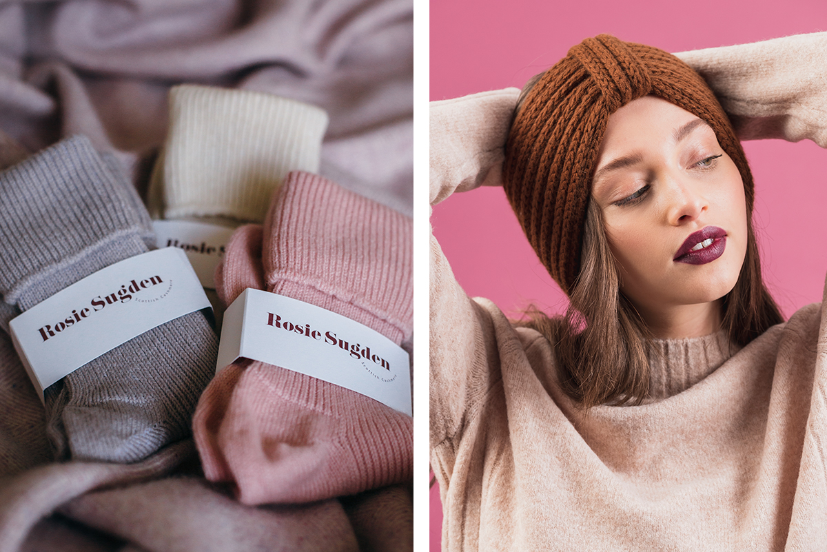 Milne-Graden-Press-Rosie-Sugden-Cashmere-Socks-alongside-Earwarmer-in-rust