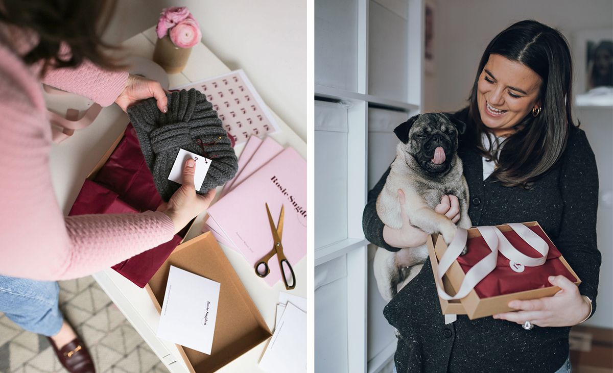 Rosie-Sugden-with-her-pug-dog-and-gift-box-alongside-Rosie-boxing-up-customer-orders